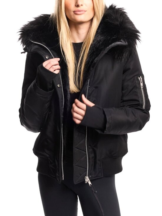SAM Jackets & Blazers - SAM. Sloane Women's Faux Fur Trim Hooded Bomber Puffer Jacket Black Size L